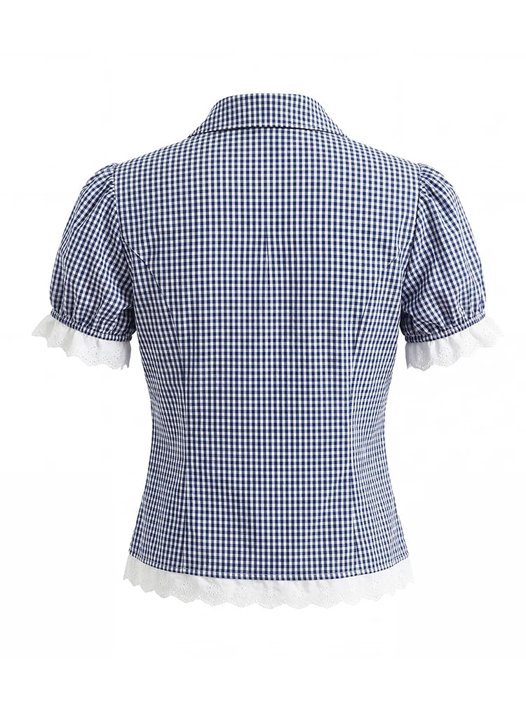 Vintage Lapel Collar Puff Sleeve Lace Patchwork Sweet Plaid Single Breasted Blouse