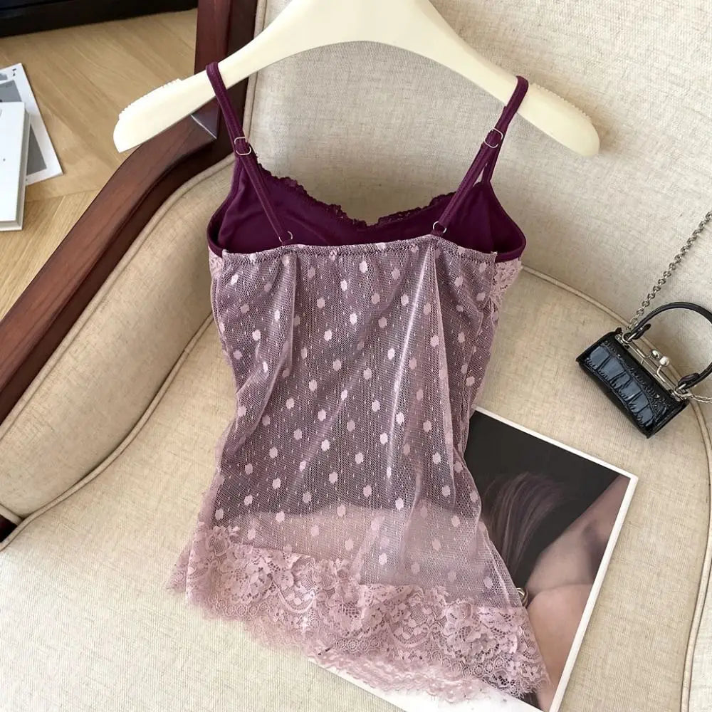 Lace Dots Wrapped Camisole With Pads Slim Fit Tank Top