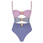 Off Shoulder Patchwork Belted One Piece Swimsuit With Cover Up for Beachside
