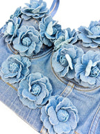 Handmade Beaded Flower Embellishment Denim Corset Vest Top