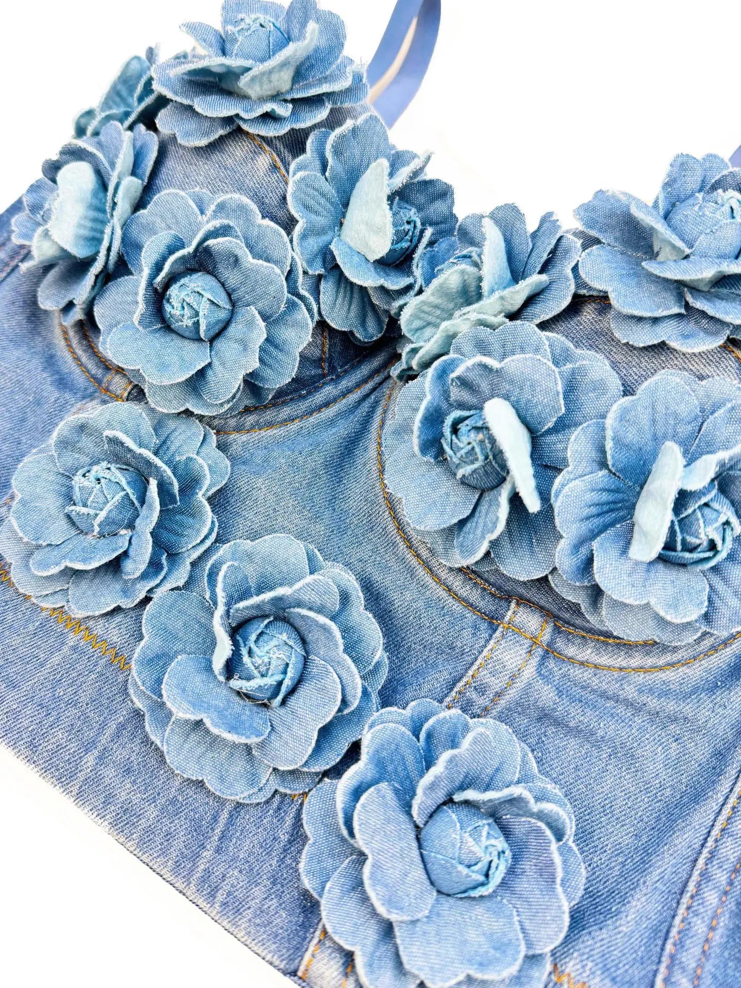 Handmade Beaded Flower Embellishment Denim Corset Vest Top
