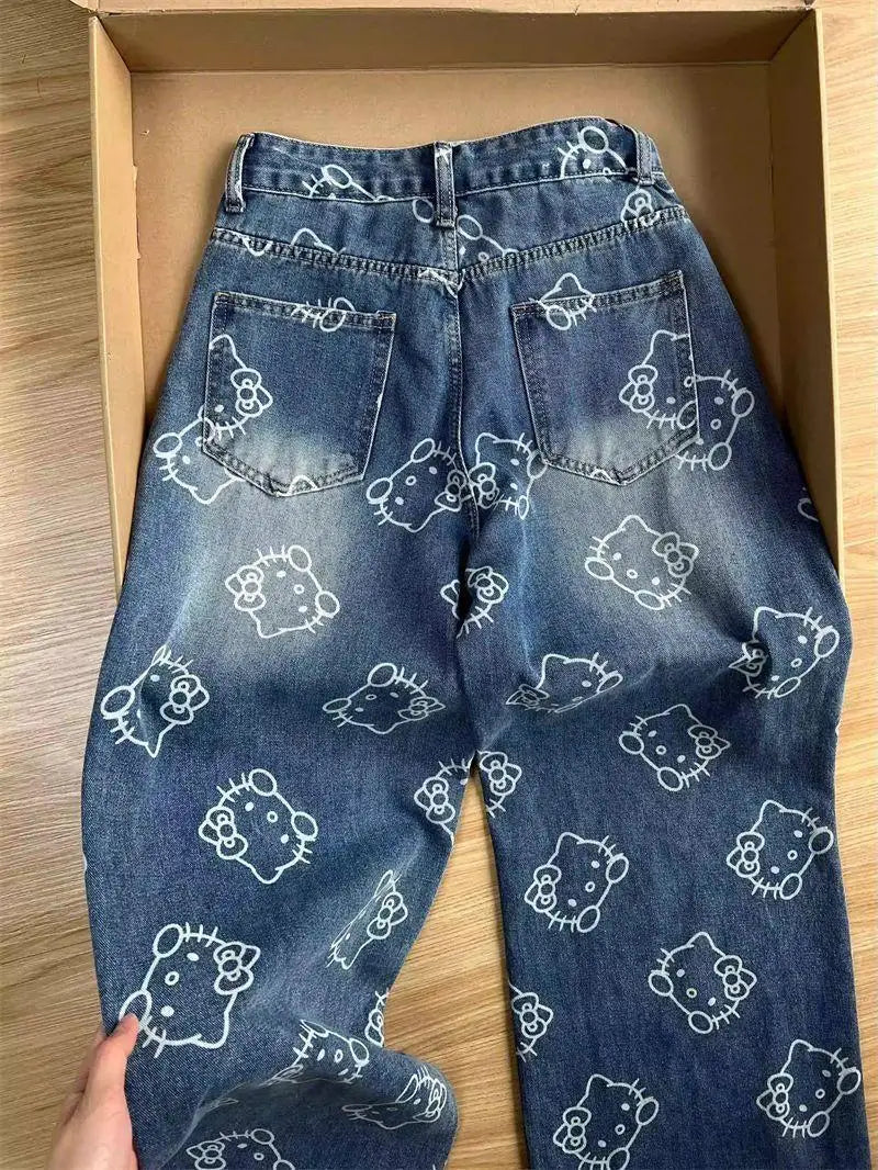 Kawaii Cartoon Print High Waist Wide Leg Jeans