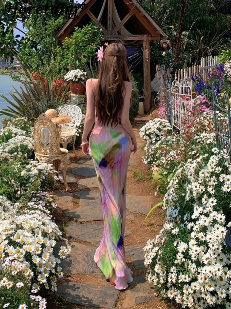 Pink Tie Dye Spaghetti Strap Maxi Dress For Beach Vacation Pleated Sleeveless Elegant Bodycon