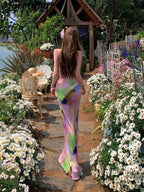 Pink Tie Dye Spaghetti Strap Maxi Dress For Beach Vacation Pleated Sleeveless Elegant Bodycon