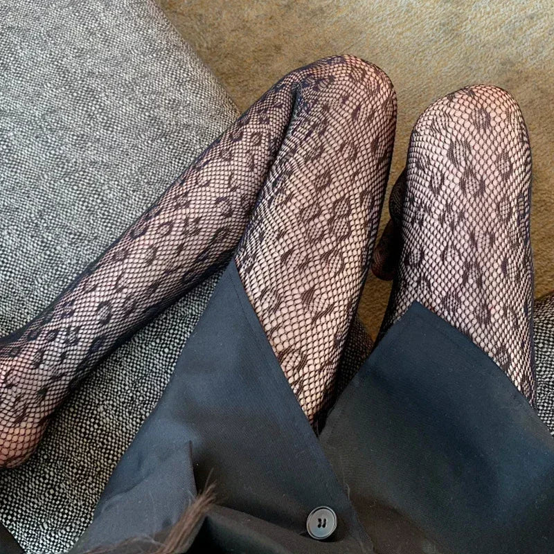 Gothic Leopard Sheer Stockings With Transparent Finish Seamless Pantyhose Edge