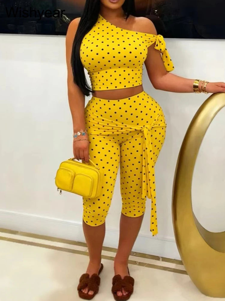 Polka Dot One Shoulder Crop Top Set With Tie Waist Capri Leggings
