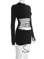 Hollow Out Bandage Mini Dress With High Collar And Long Sleeves