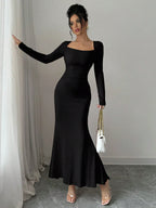 Retro Square Collar Dress With Long Sleeves In Solid Color