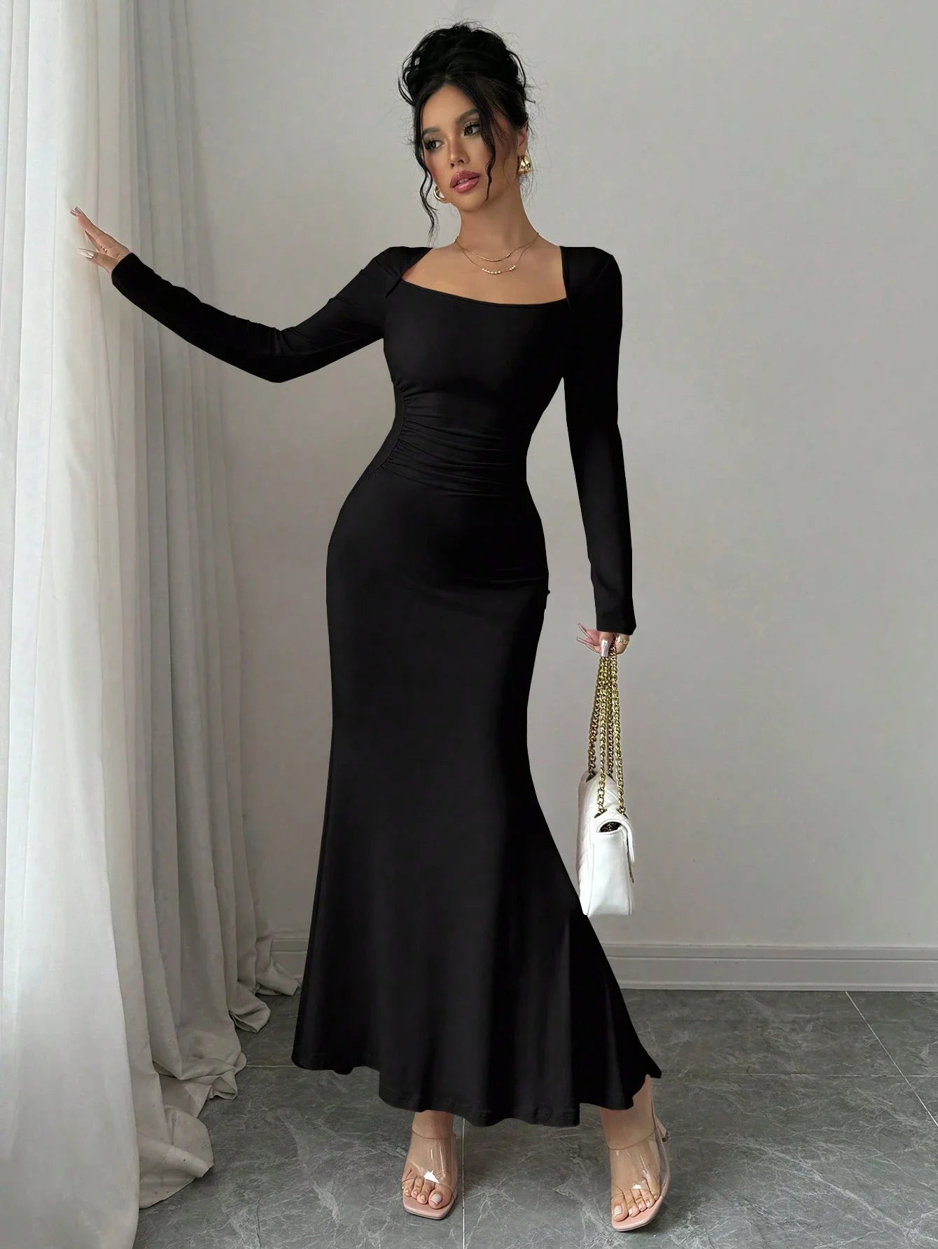 Retro Square Collar Dress With Long Sleeves In Solid Color
