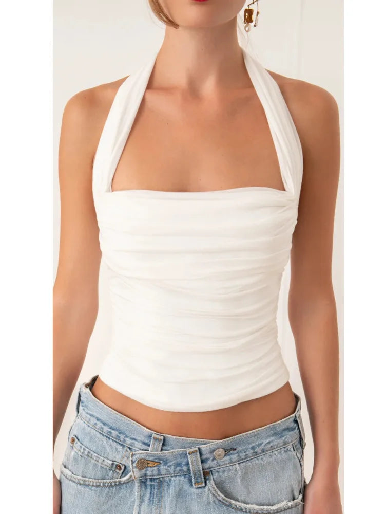 Ruched Halter Backless Top Double Layer