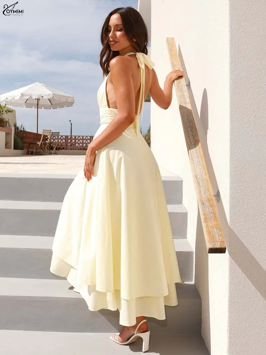 Sunny Yellow Halter Neck Dress With Open Back And Lace Up Detail High Waist Pleated Ankle Length