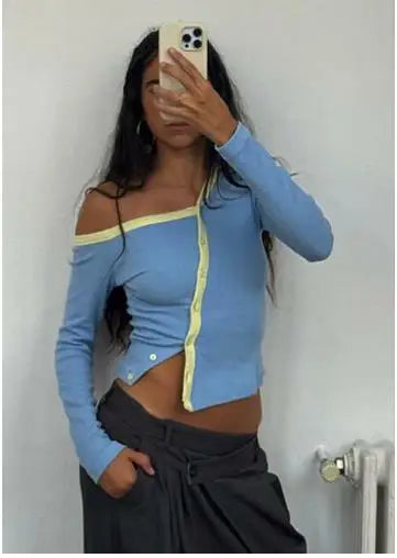 Long Sleeve Top With Irregular Button Closure And Contrast Color