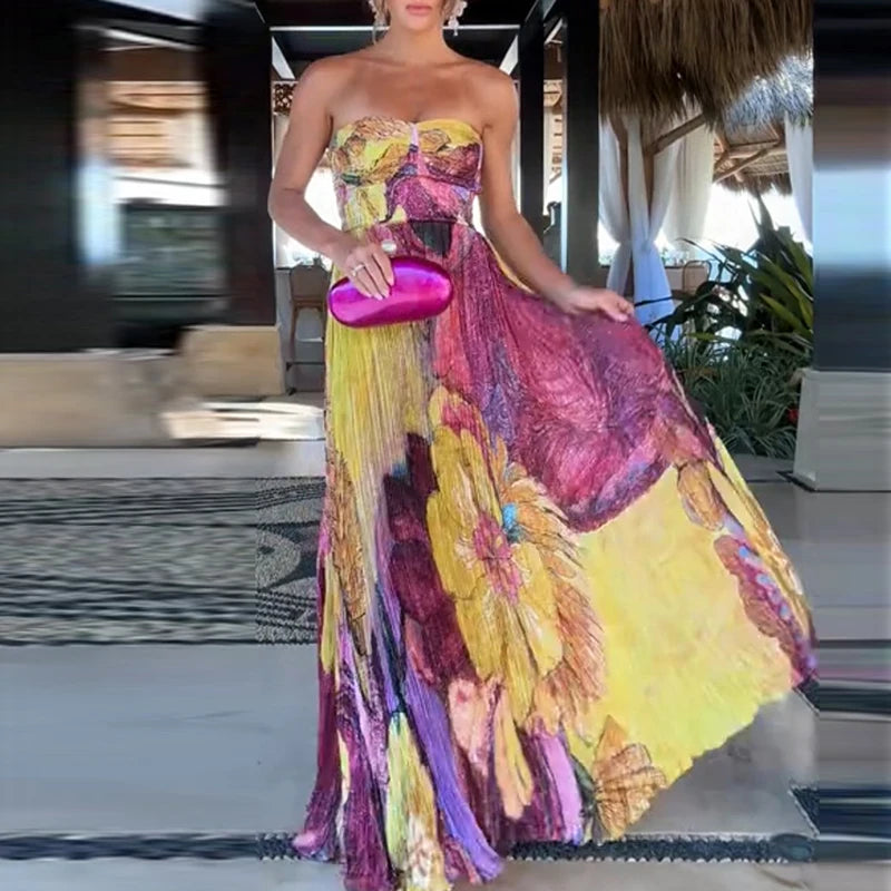 Off Shoulder Pleated Long Party Dress With Print