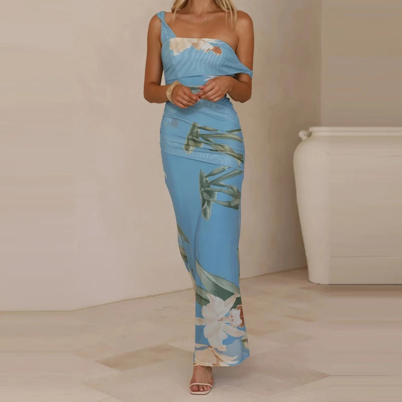 Elegant Floral Mesh Maxi Dress Sleeveless With Slash Collar
