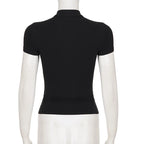 Hollow Stand-Up Collar Shirt With Ultra Slim Fit Short Sleeve Black Top