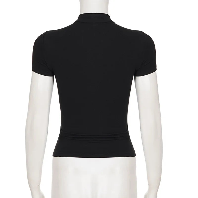 Hollow Stand-Up Collar Shirt With Ultra Slim Fit Short Sleeve Black Top