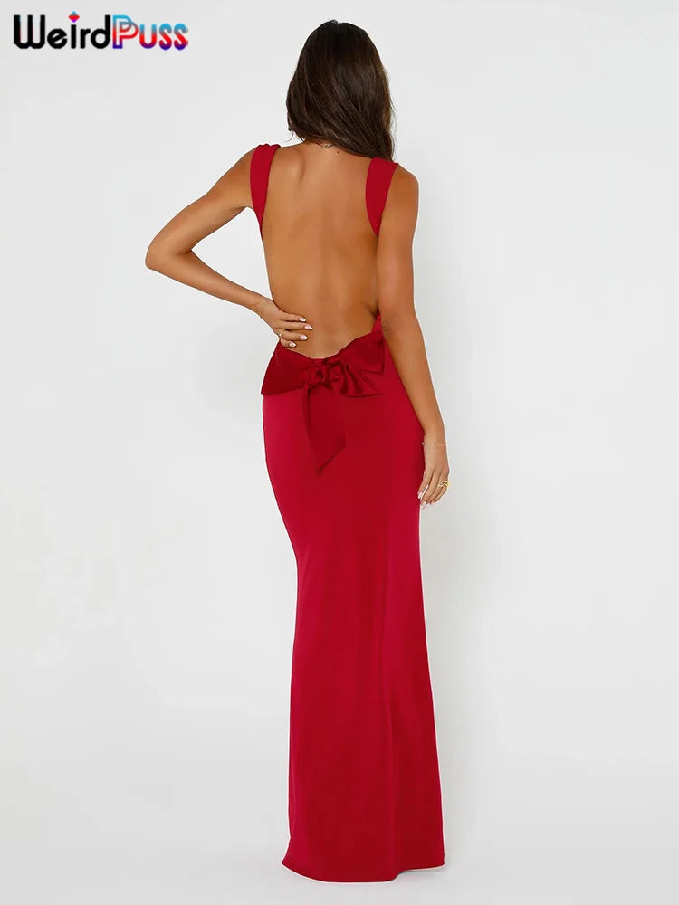Chic Backless Maxi Dress With Bow Lace Up Details For Evening