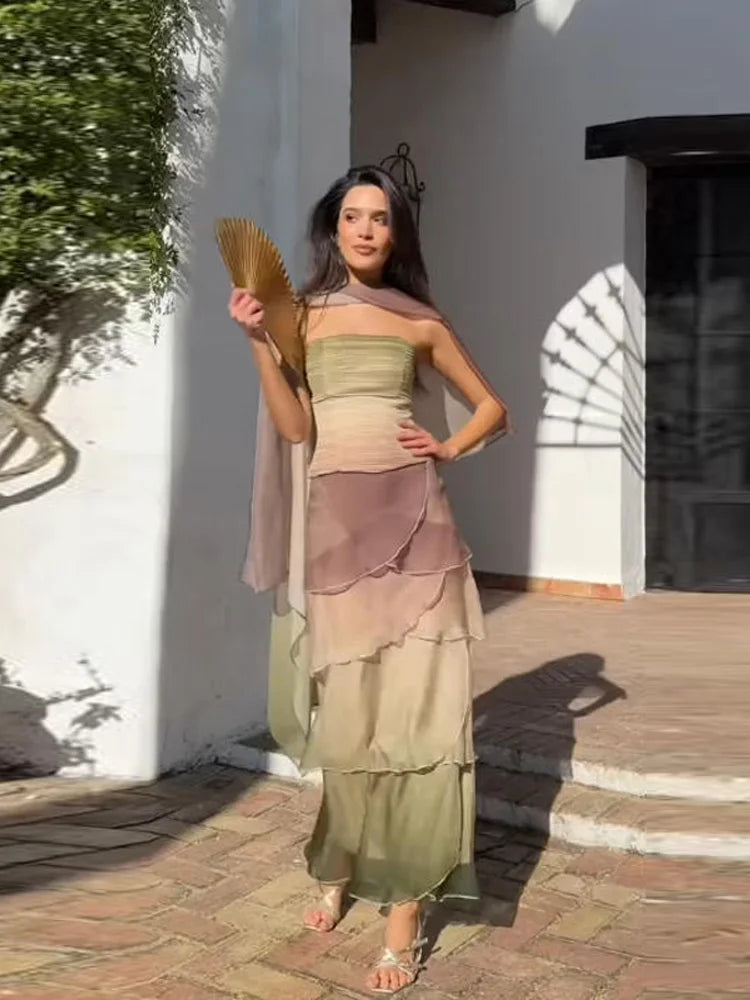 Gradient Flowy Chiffon Three Piece Set With Tube Top Tiered Skirt And Sheer Scarf