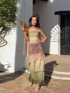 Gradient Flowy Chiffon Three Piece Set With Tube Top Tiered Skirt And Sheer Scarf