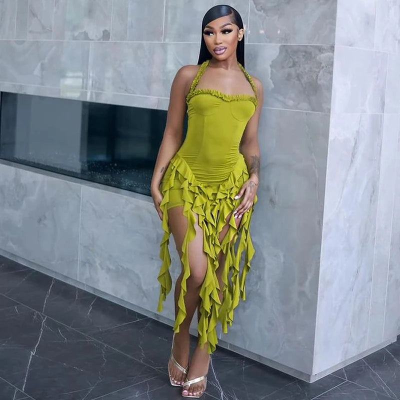 Elegant Halter Backless Ruffles Mini Dress Slim Fit With Tassel Detail