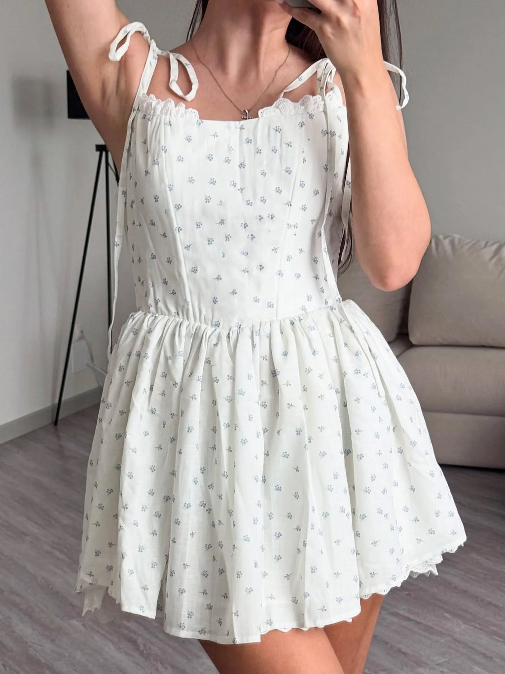 Floral Square Neck Sleeveless Bodycon Pleated Mini Dress