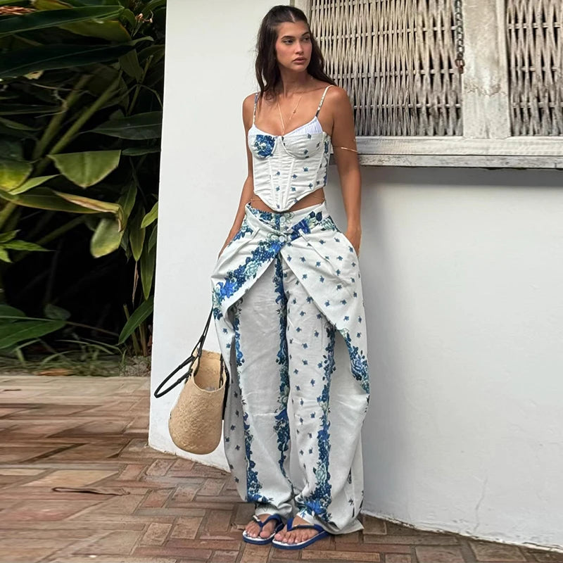 Playful Printed Vest And Trouser Set For Women Two Piece With Sleeveless Slip Top