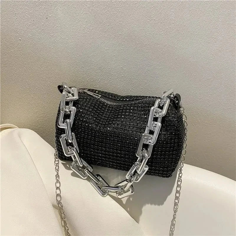 Mini Crossbody Rhinestone Bucket Bag With Glitter Chain Purse
