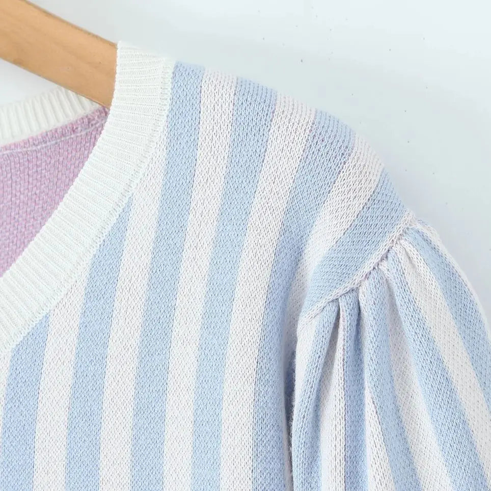 Sweet Blue White Striped Button Through Pointelle Knit Cardigan Sweater Woman Full Puff Sleeve Jumper Cropped Knitwear