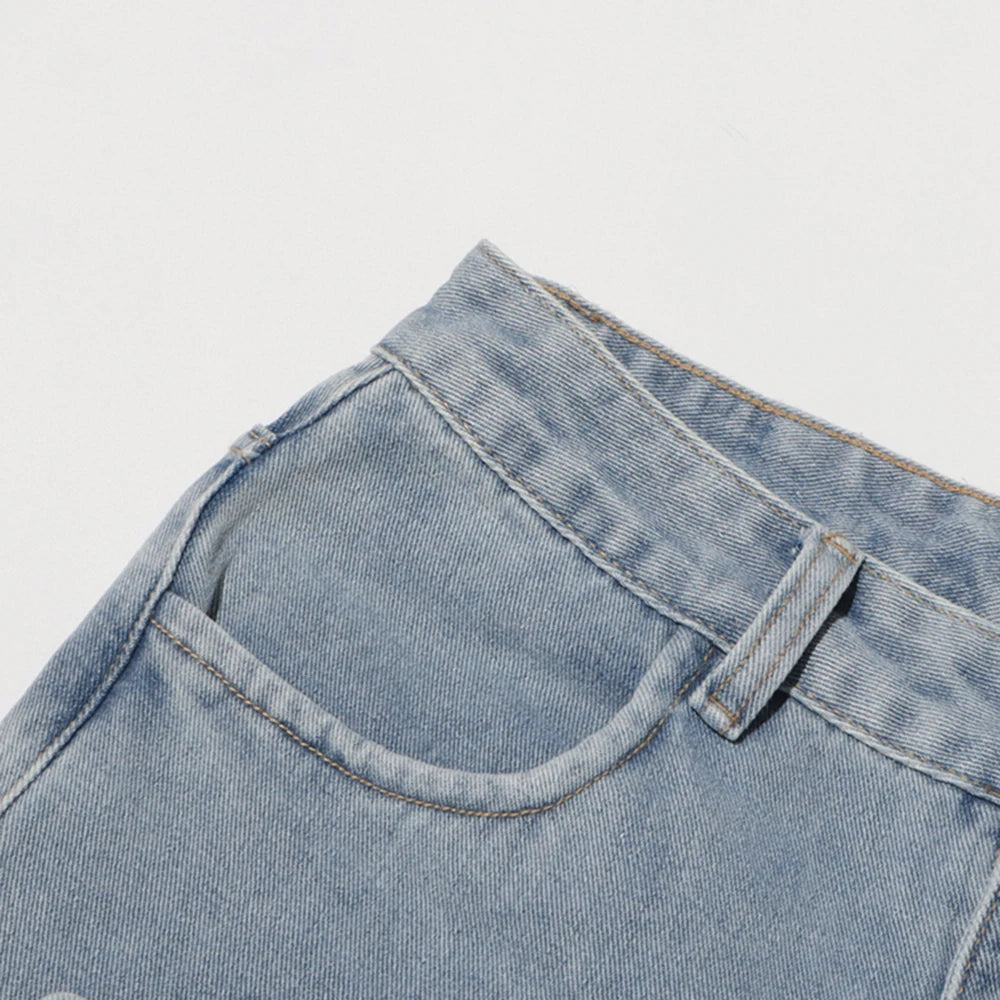 Floral Design Sense Casual Denim Trousers For Women High Waist Spliced Button  Loose Wide Leg Pants