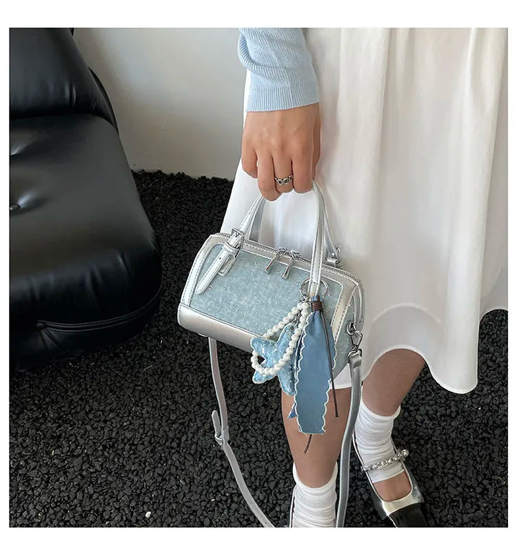 Denim Crossbody Bag With Embroidered Ruched Detailing And Subtle Rivet Accents