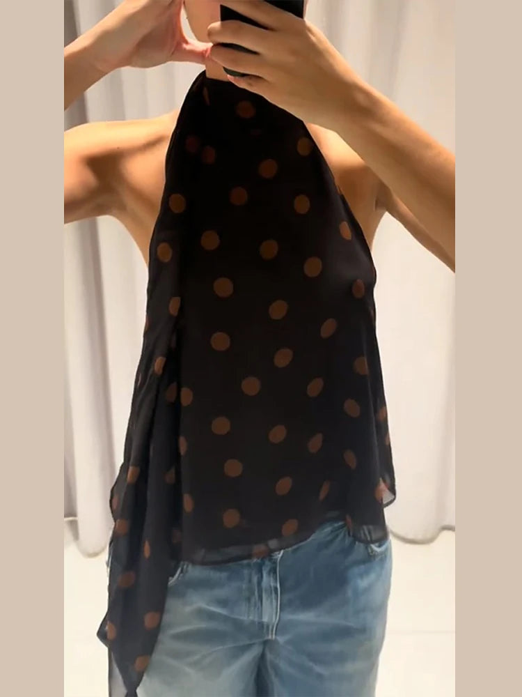 Polka Dot Off Shoulder Tank Top With Lace Up Bow Backless Sleeveless
