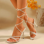 Crisscross Strap Stiletto Sandals With Lace Up Ankle Strap Round Toe High Heels