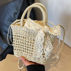 Lace Bow Straw Weave Crossbody Bag Summer Beach Style Small Bucket Elegant And Lightweight