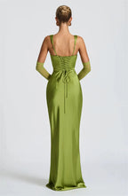 Elegant Satin Backless Halter Off-Shoulder Maxi Dress