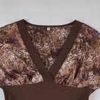 V Neck Patchwork Tee With Batwing Sleeves Retro Aesthetic Top