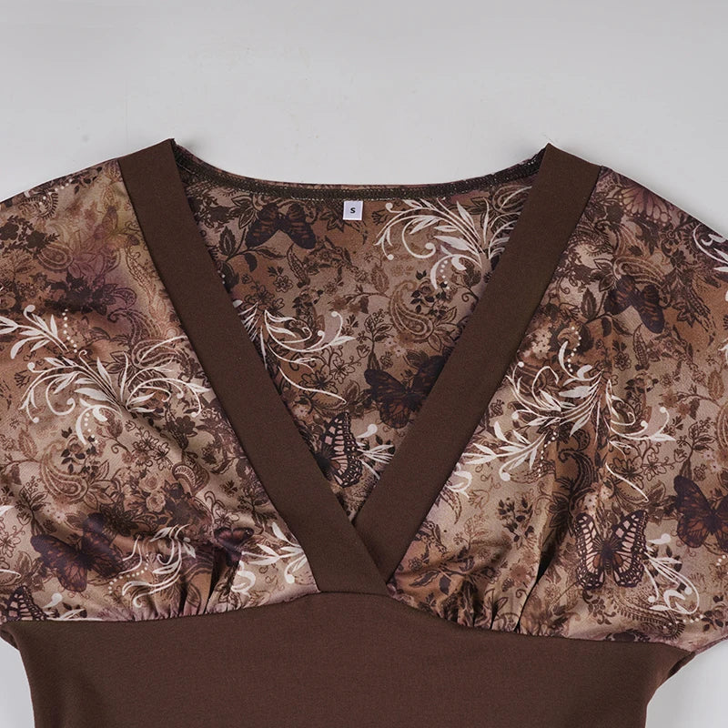 V Neck Patchwork Tee With Batwing Sleeves Retro Aesthetic Top