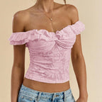 Flirty Sheer Lace Crop Top With Ruffle Trim Off Shoulder Twist