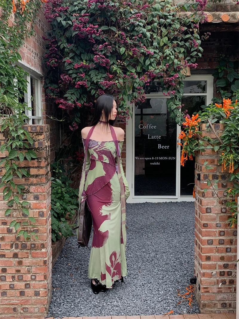 Off Shoulder Mesh Maxi Dress With Long Sleeves Backless Evening Gown