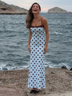 Blue Polka Dot Halter Maxi Dress For Women Color Block Backless Lace Up