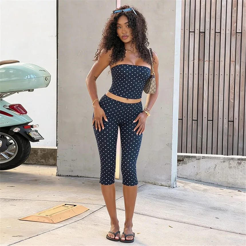 Vintage Polka Dot Two Piece Set Strapless Tube Top And Capri Pants
