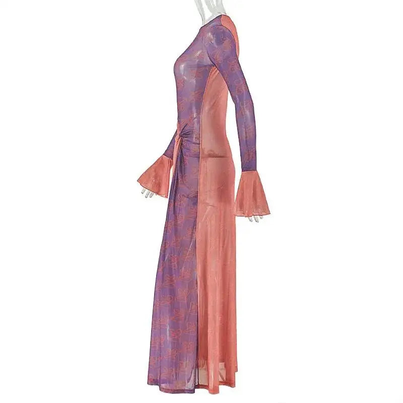 Vivid Patchwork See Through Dress With Flare Sleeves And Side Split