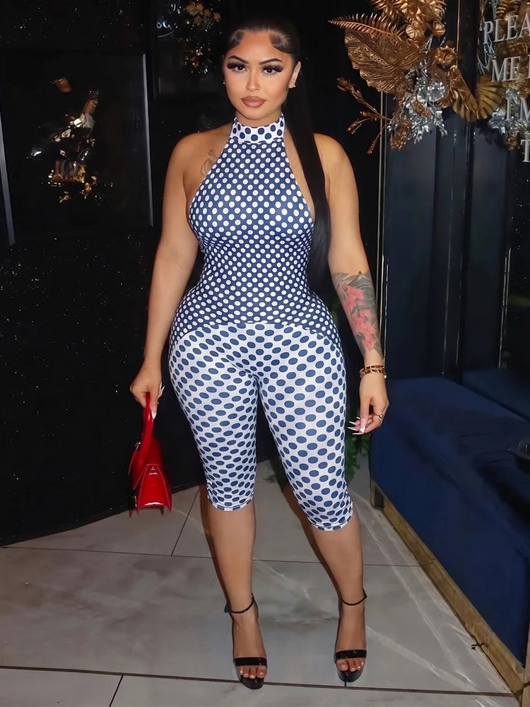 Polka Dot Halter Romper For Women Backless Sleeveless Slim Fit