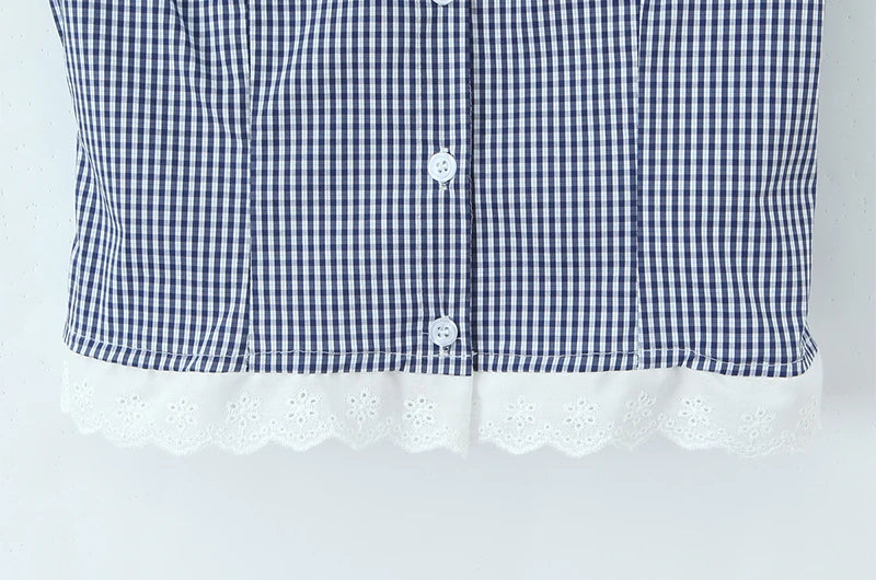 Vintage Lapel Collar Puff Sleeve Lace Patchwork Sweet Plaid Single Breasted Blouse