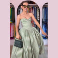 Striped Strapless Maxi Dress With Lace Up Waist Cinching Backless Gown