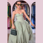 Striped Strapless Maxi Dress With Lace Up Waist Cinching Backless Gown