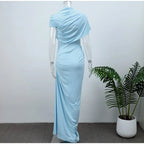 Blue Irregular Shawl Maxi Dress Slim Fit Pleated Turtleneck Elegant Evening