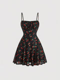 Cherry Print Vintage Summer Dress With A-Line Swing Sundress