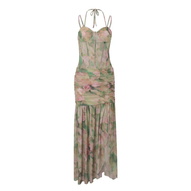 Elegant Floral Spaghetti Strap Maxi Dress With Backless High Split Ruched Silhouette