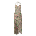 Elegant Floral Spaghetti Strap Maxi Dress With Backless High Split Ruched Silhouette