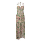 Elegant Floral Spaghetti Strap Maxi Dress With Backless High Split Ruched Silhouette
